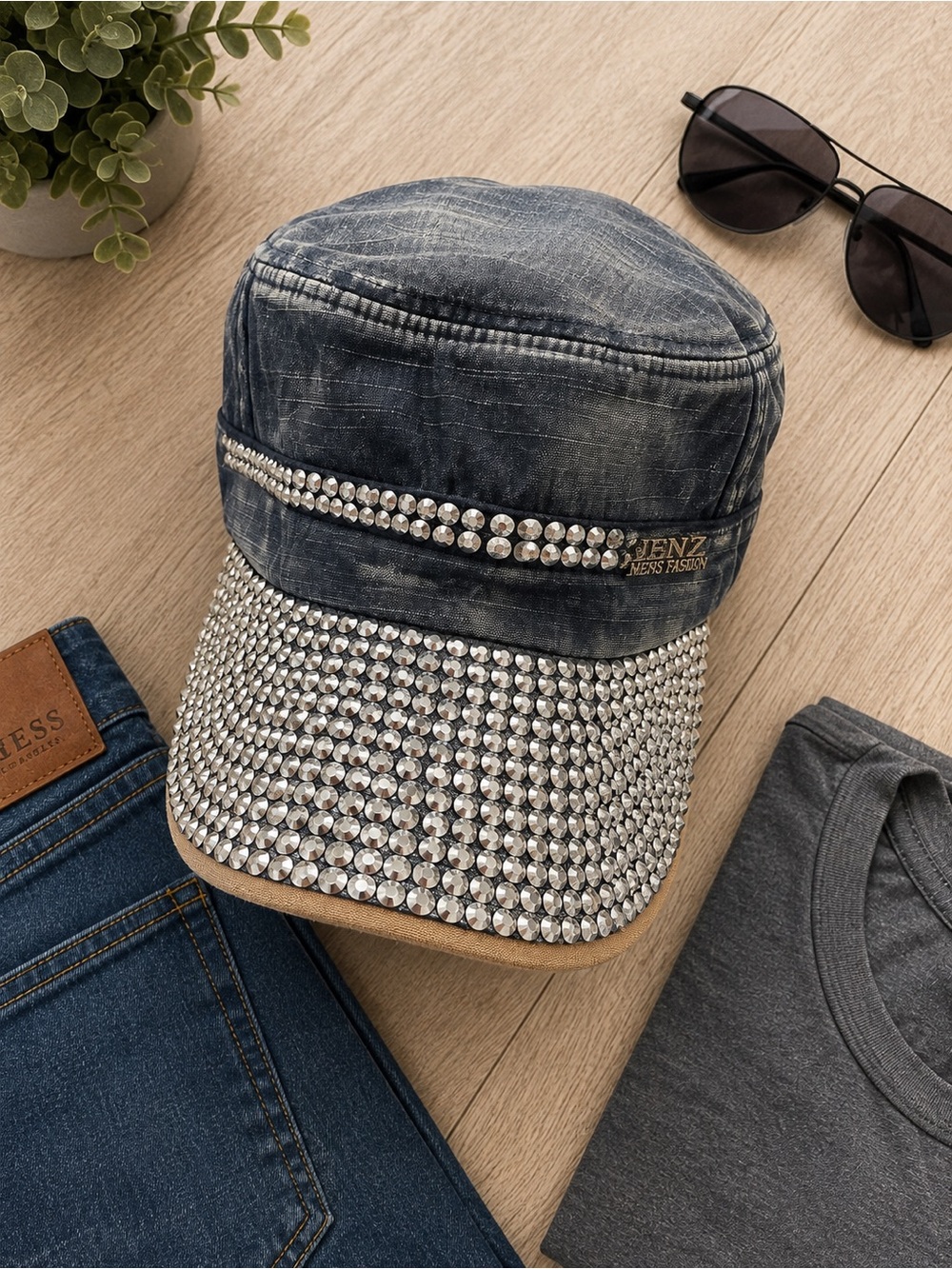JENZ Men's Fashion Black Jeweled Cap